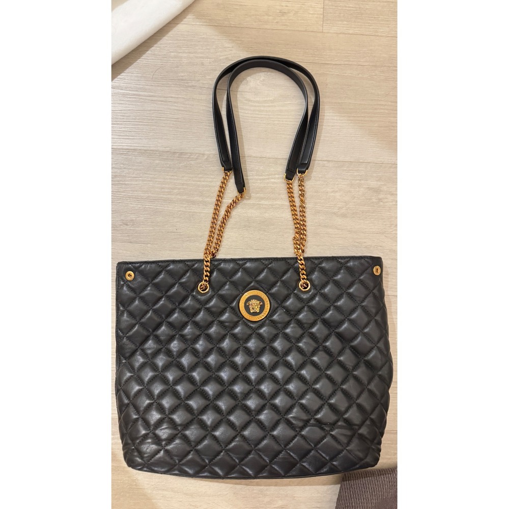 100% Author Versace Quilted Lambskin Medusa Tote Bag Black Gold Made in Italy